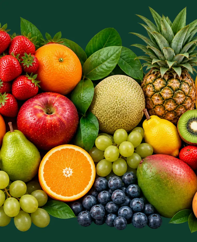 A dense arrangement of fresh fruit — pineapple, melon, mango, apple, pear, grapes, berries and citrus — against deep green.