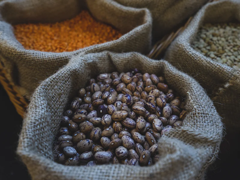 Open jute sacks of dried beans and lentils at a wholesale supplier.